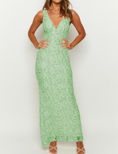Image of Elegant Lace Floral V Neck Backless Bodycon Dresses for Women Sexy Cut Out Low Back Sleeveless Maxi Dress Wedding Guest