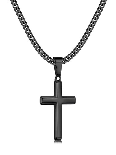 Image of Fiusem Silver Tone /Black /14K Gold Plated Cross Necklace for Men, Beveled Edge Pandent Mens Necklace, 3.5MM Stainless Steel Cuban Chain, 16-24 Inches Jewelry Gifts