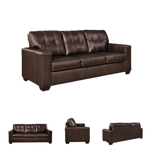 Image of Signature Design by Ashley Queen Pull Out Couch, Leather & Faux Leather | No assembly required for quick setup, 100% top-grain leather touch cushions, 4-in memory foam pull out bed, Santorine Series