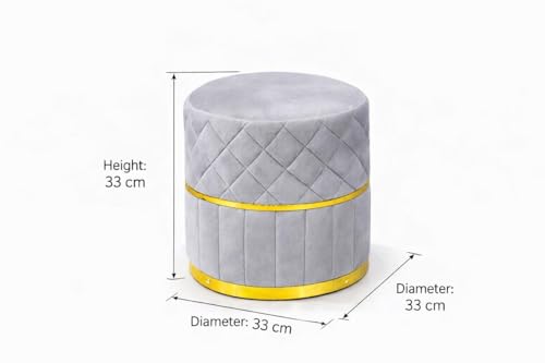 Image of Premium Velvet Ottoman Stool with Gold Base | Round Puffy Footrest with Diamond Quilting | Soft Seating for Living Room, Bedroom & Dressing Area (Set of 2 Silver Grey)