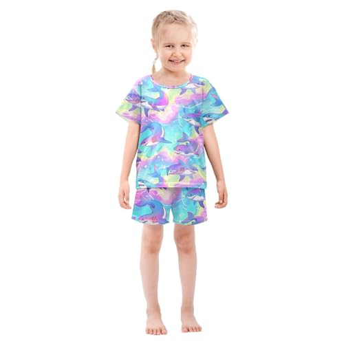 ALAZA Cute Shark Rainbow Water Pajamas Short Sleeve 2 Piece Sleepwear Top and Bottom Pajama Set Unisex3