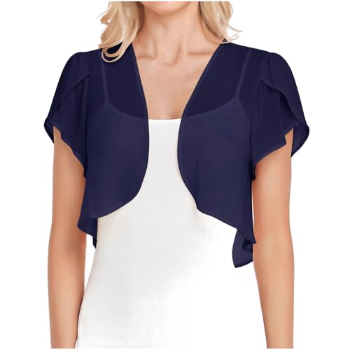 Cárdigan de gasa de verano para mujer, suave, fruncido, corto, corto, cárdigan de media manga, cárdigans finos del Reino Unido con frente abierto, Azul marino 1, XXL