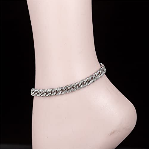 Kelistom 18K White Gold Plated Cuban Link Anklet For Women Teen Girls Men, Iced Out Rhinestones Filled Chain Ankle Bracelets For Women With Paperclip Extension #TOP3