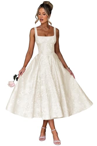 Floral Satin Jacquard Prom Dresses 2025 A-Line Tea Length Midi Square Neck Evening Party Gown with Pockets for Women