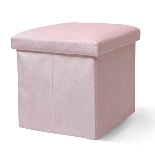 Babion Velvet Storage Ottoman Cube, Folding Tufted Ottoman with Storage Square, Small Foot Rest Ottoman with Foam Padded Seat, Pink 12 Inches