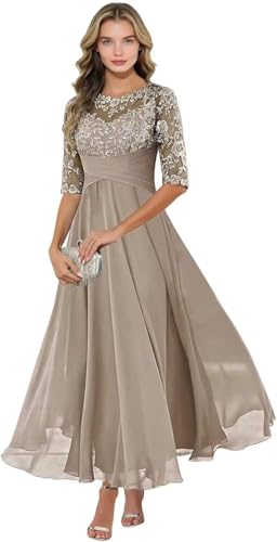 Robe de mère de la mariée en mousseline de soie avec appliques en dentelle et manches mi-longues, robe formelle d'invité de mariage, taupe, 42