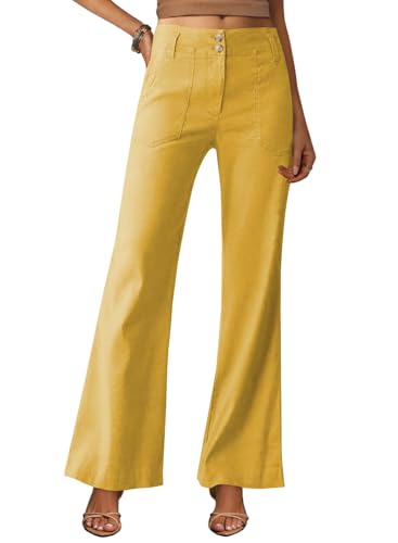 miduo Womens Solid Stretchy Buttons Wide Leg Straight Leg Long Flare Pants Trousers with Pockets