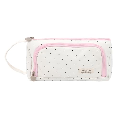 Image of Zollyss Polyester Big Capacity Pencil Case High Large Storage Pouch Marker Pen Case Simple Stationery Bag School College Office Organizer for Teens Girls & Boys (White with Black dots)