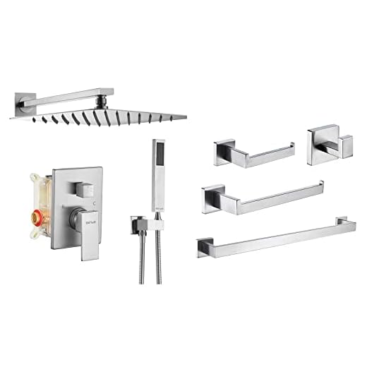 ESNBIA 12 Inches Rain Shower Head with Handheld Combo Set+Stainless Steel 4 Pieces Bathroom Hardware Accessories Set, Brushed Nickel