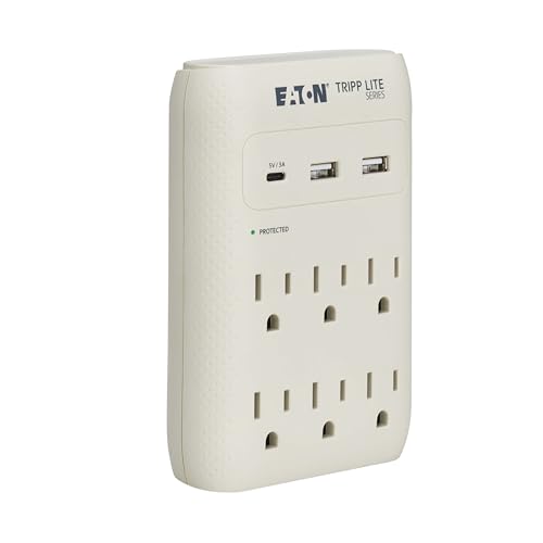 Eaton Tripp Lite SK60C Wall Surge Protector Power Strip & USB Wall Charger, 6-Outlet Extender, 1 USB-C + 2 USB Ports, 1080 Joules, Multi-Plug Outlet Splitter, Gray, Lifetime Manufacturer's Warranty