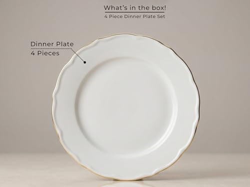 Image of Bodhi House 4-Piece Gold Rim Porcelain Dinner Plates Set | Lightweight, Chip Resistant | Dishwasher Safe | Elegant Tableware for Home Dining, Parties & Gifting | White