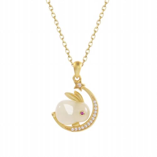 Collier Lapin de Jade précieux et pendentif lune en authentique pierre de Hotan pour femme