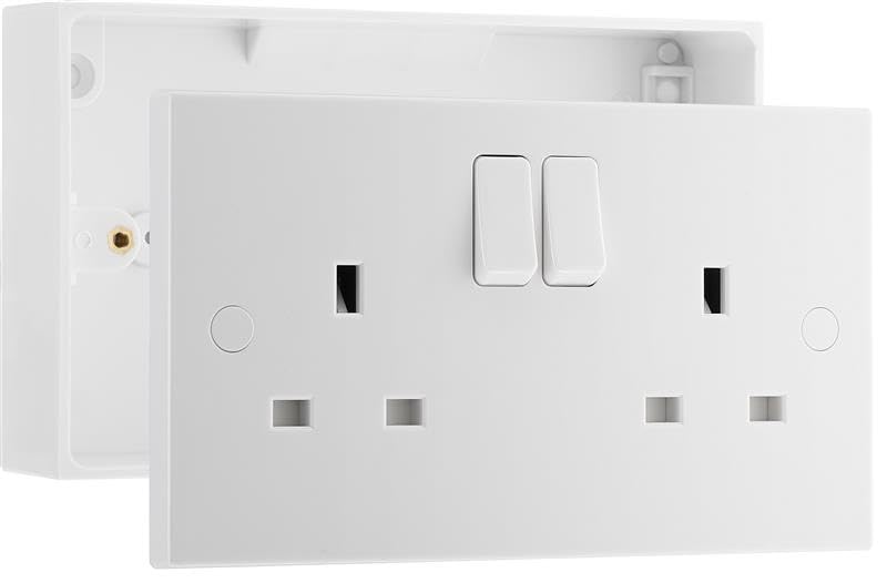 BG Electrical Double Switched Power Plug Wall Socket and 32mm Surface Mounted Back Box 2 Gang Pattress Box Square Edge Nexus 900 Series White Moulded IP20 13A 922/902
