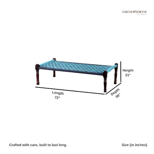 Image of Solid Sheesham Wood Charpai Khat Bed | Wooden Khatiya Charpai Desi | Handcrafted Khatiya Bed with Cotton Rope | Strong Khat for Indoor & Outdoor Use | 6X3 Feet | Light and Dark Blue