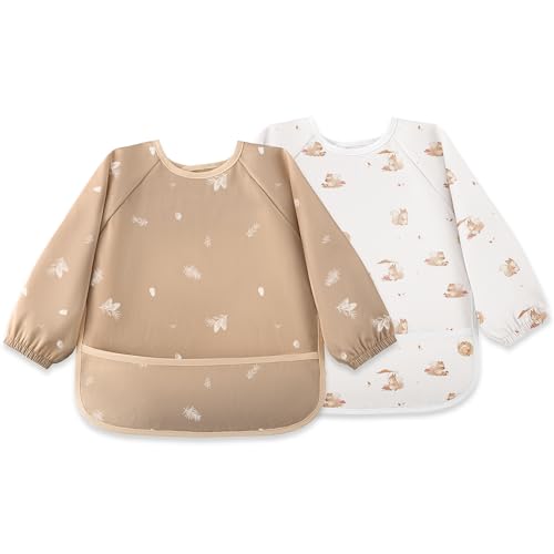 Image of Susurration Waterproof Smock Bib for Eating Long Sleeve Bibs for Kids, Boy or Girl, 2 Pack Waterproof Bibs with Large Food Catcher, 6-36 Months Baby Eating Essentials - Pinecone