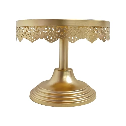 Image of Elegant Gold Cake Stand with Intricate Lace Edge Design, Perfect for Displaying Desserts, Cupcakes, or Pastries at Parties, Weddings, or Special Events, Durable and Stylish, 8-Inch Diameter