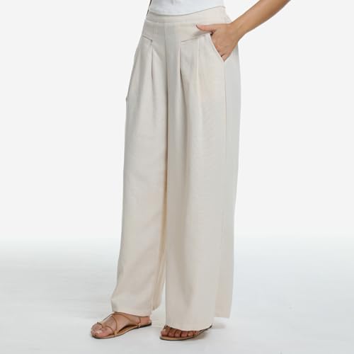 Women's Cotton Linen Palazzo Pants Wide Leg Flowy Loose Fit Gauze Casual Summer Outfit Elastic Waist with Pockets (US, Alpha, Large, Regular, Regular, Ivory)4