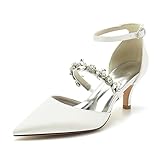 HFWXYSA Escarpins Femme Satin Bout Pointu Chaussures Mariage avec Strass Bride Cheville Petit Talon Aiguille Soirée Mariée,Ivoire,43 EU