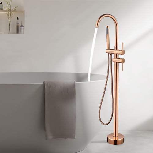 Grifo Bañera de Pie Oro Rosa Dos Mandos Grifos Duchas de Baño con Alcachofa Rotación de 360°
