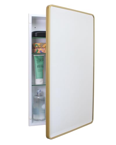 Image of 16x26 Austin Farmhouse Metal Framed Rounded Rectangle Recessed Bathroom Medicine Cabinet, Beveled Mirror, 14x24 in-Wall Opening, powder-coated Steel, Adjustable Glass Shelves, Magnet Close, Gold