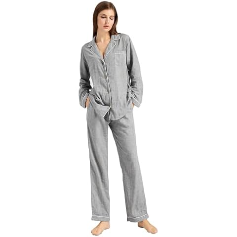 XINJU Women's Pajama Set 100% Double Gauze Cotton Linen Like Super Soft Comfy Button Down Sleepwear (Long Sleeve, Medium Grey, Medium) Cover