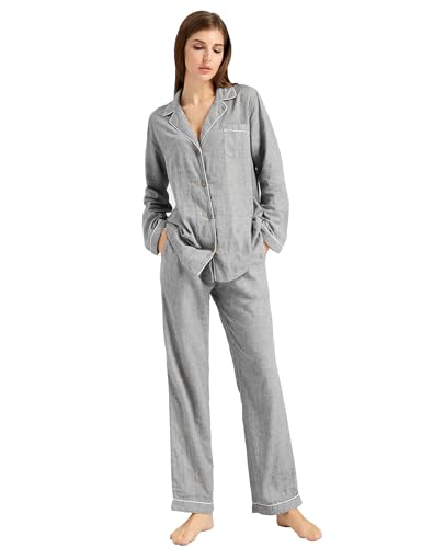 Image of Women's Pajama Set 100% Double Gauze Cotton Linen Like Super Soft Comfy Button Down Sleepwear (Long Sleeve, Medium Grey, Extra Large)