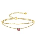 Suplight Waterproof Anklets Gold July Ruby Birthstone Anklet for Women, Heart Charm Anklet