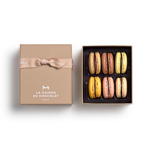 LA MAISON DU CHOCOLAT Macaron Gift Box - Gourmet French Dark Chocolate Filling with Shells in Assorted Flavors (6 Pieces)