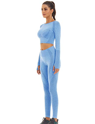 Toplook Women Seamless Workout Outfits Athletic Set Leggings + Long Sleeve Top (Ligth Blue, Medium)