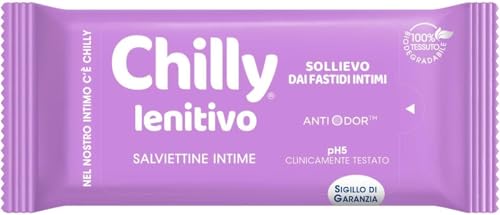 Chilly, Salviettine Intime Lenitivo, Sollievo dai fastidi intimi, con Bisabololo dalle proprietà dermocalmanti, pH 5, Clinicamente Testato, Tessuto 100% Biodegradabile, 1 Confezione da 12 Salviettine