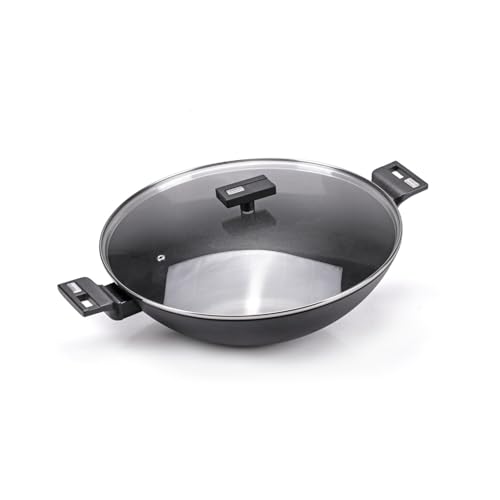 Wok antiaderente con coperchio 36 cm 6.4 litri forgiato anche per alluminio induzione nero