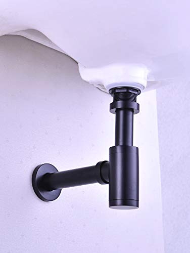 GORDEE Bathroom Sink Stopper P-Trap Complete Set Adjustable 1-1/4 Bottle Trap Solid Brass Sink Drain Kit Tube and Pop Up Drain Stopper Set without Overflow, Matte Black