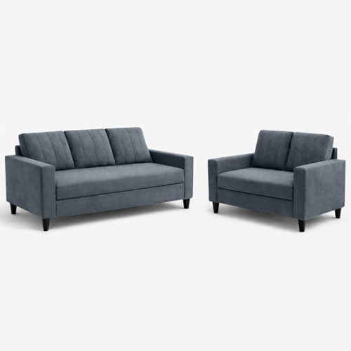 Image of Hendrick Plush Velvet 3 Seater + 2 Seater Sofa Set | Silken Velvet Suede Upholstery | Designer Sofa Set for Living Room & Office Spaces (Dark Grey)