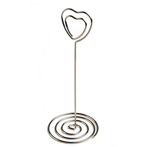 BERON Set of 20 3.5 Inch Wire Photo Clips with Heart-Shaped Holder and Spiral Base for Tabletop Use (Silver)