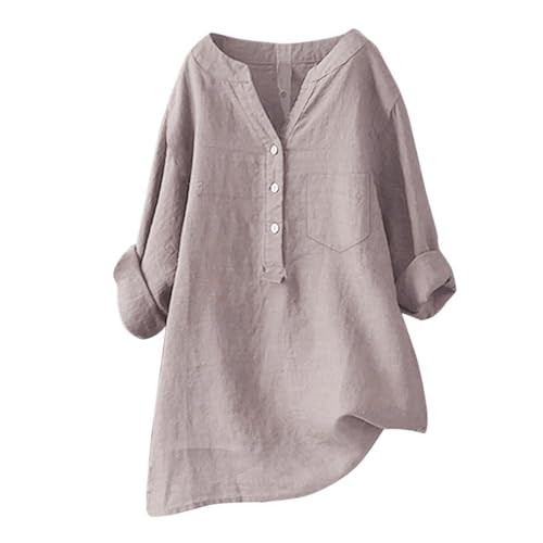 Linen Shirts for Women 2025 Buttons V Neck Cloths Long Sleeve Pockets Tshirt Trendy Dressy Blouses Casual Tunic Tops