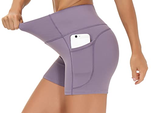 Image of THE GYM PEOPLE High Waist Yoga Shorts for Women's Tummy Control Fitness Athletic Workout Running Shorts with Deep Pockets