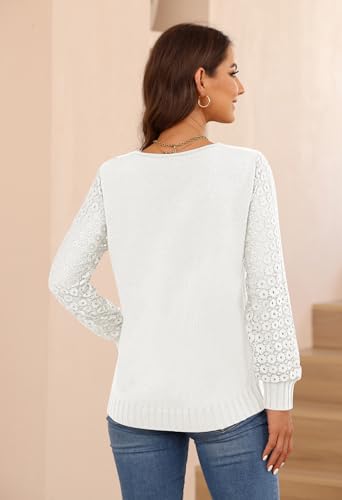 Viottiset Womens Fall Sweaters Lace V Neck Pullover Sweater Long Sleeve Knit Tops White Xl thumb #6