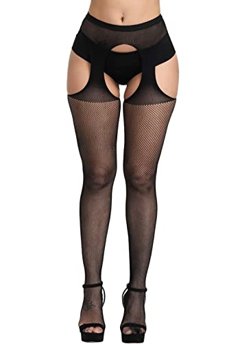 Image of Women's Floral Fishnet Stockings with Attached Garter Belt