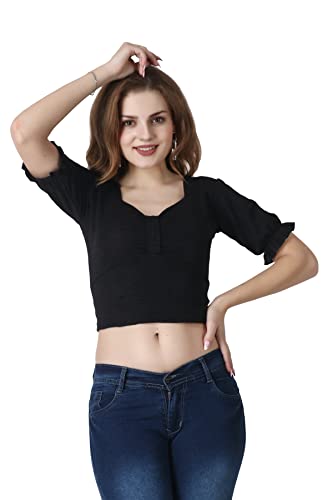 Image of POPWINGS Casual Black Solid Self Design Half-Sleeves Crop Top for Women || Sweet Heart Neck Summer Crop Top for Women || Crop Tops for Women Fancy Crop Top for Women