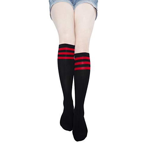 Kony Women's 4 Pairs Striped Knee High Socks Soft Stretch Cotton All Season Gift Size 6-10 (Triple Stripe Black) #TOP2