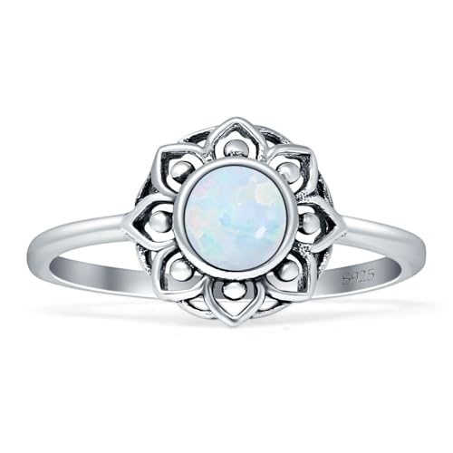Blue Apple Co. Art Deco 10mm Round Lab Created Opal Floral Ring Oxidized Lotus Flower Mandala Ring Statement Wedding Engagement Boho Rings For Women 925 Sterling Silver