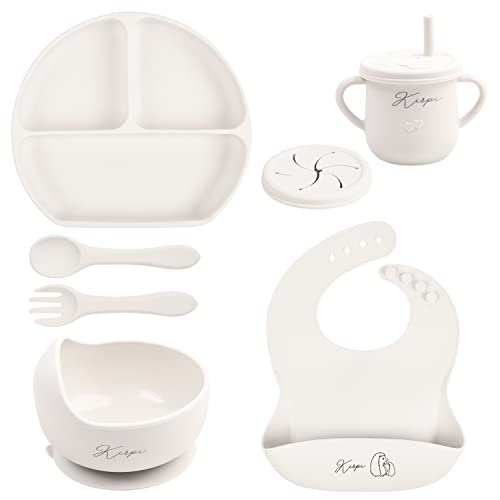 Image of Baby Led Weaning Supplies - KIRPI Baby Feeding Set - Silicone Suction Bowls, Divided Plates, Sippy and Snack Cup-Toddler Self Feeding Eating Utensils Set with Bibs, Spoons, Fork-6 Months (Grey White)