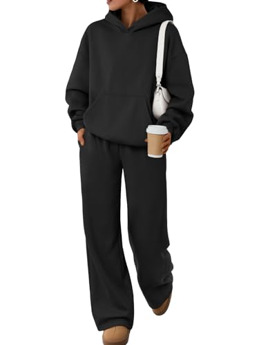 Trendy Queen 2 Piece Lounge Sweat Sets Plus Size Fall Fashion Matching Sweatsuits Wide Leg Pants Travel Outfit Winter Clothes Black M