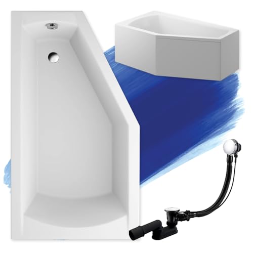 BADLAND Badewanne Original Weiß Acryl Wanne Eckbadewanne SELENA 160x90 Links KOMPLETTSET SET mit Weiß Acrylschürze + Füßen und Exklusive Chrom Automatik Ablaufgarnitur Made in EU 4in1