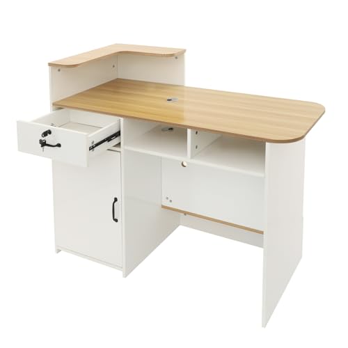 Modern Reception Desk 47.2in, Floorstanding Counter w/ Lockable Drawer & Open Shelves, MDF Metal...