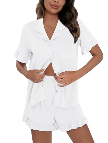 Image of SWOMOG Woman Pajama Set Short Sleeve Pjs Set 2Pcs Short Pajamas Button Down Ruffle Hem Sleepwear Soft Modal Loungewear