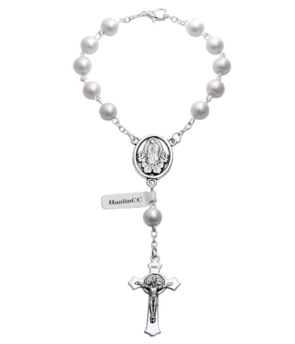 HanlinCC One Decade Catholic Rosary with St.Michael Divine Mercy Guadalupe Medal Auto Rosary Hang on Rearview Mirror (White Guadalupe)3