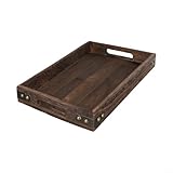 Shophubio Bandeja de madera resistente en diseño rectangular moderno con asas ergonómicas recortadas, bandeja de té reforzada con hierro para mesa de café, otomana y sala de estar (pequeña)