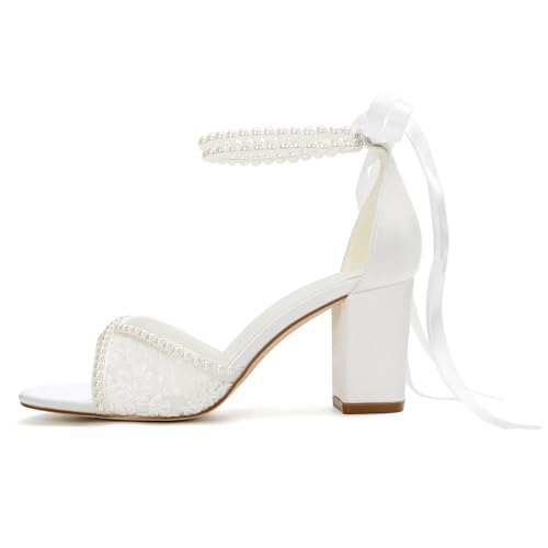 Lace Wedding Shoes for Bride Pearl Heels Bridal Shoes Block Heel Wedding Sandals3