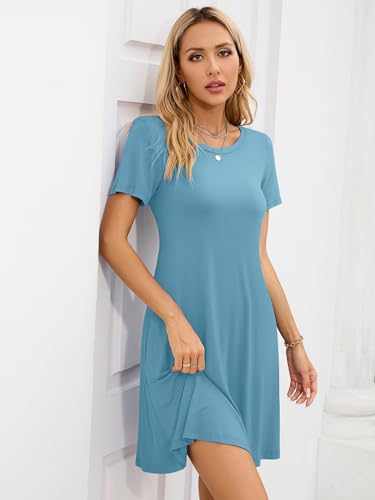 Image of KORSIS Summer Women's Dress Casual T-Shirt Short Sleeve Dresses Swing Flowy Beach Vacation Work Sundress with Pockets